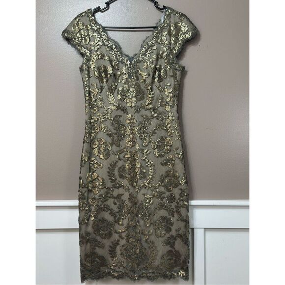 Tadashi Shoji Paillette Embroidered Lace Scalloped Edge Squined Evening Dress 6 - Picture 3 of 14